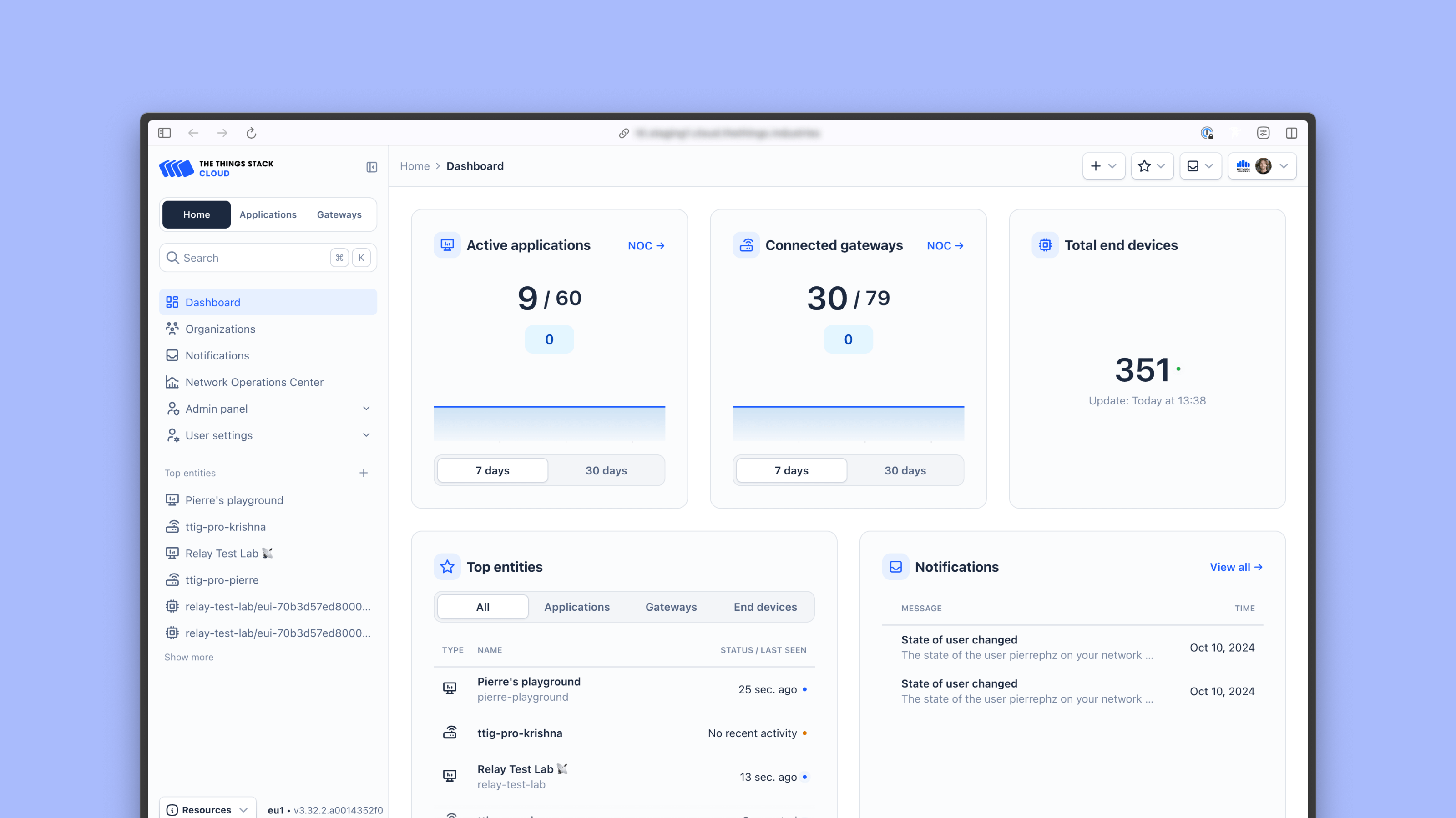 The Things Stack console dashboard